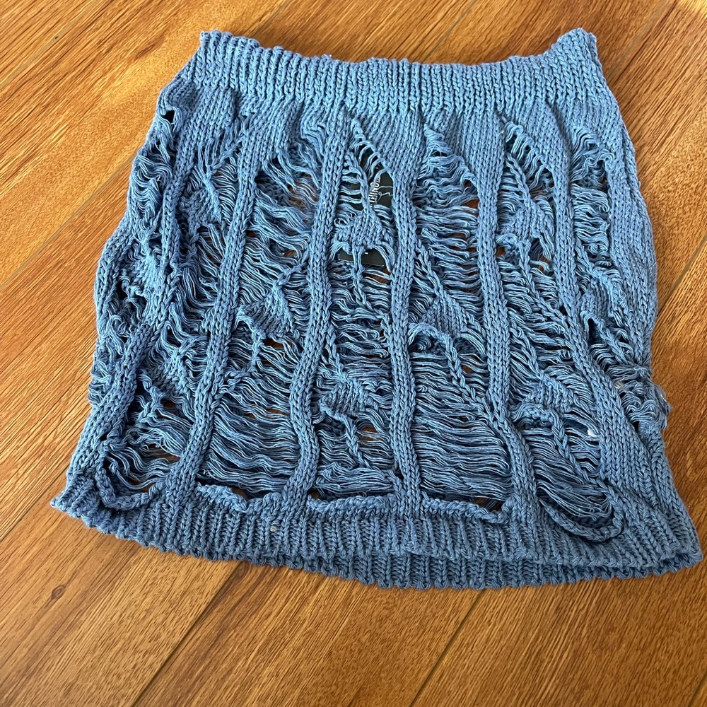 PETITE MINERAL BLUE CROCHET KNIT MINI SKIRT